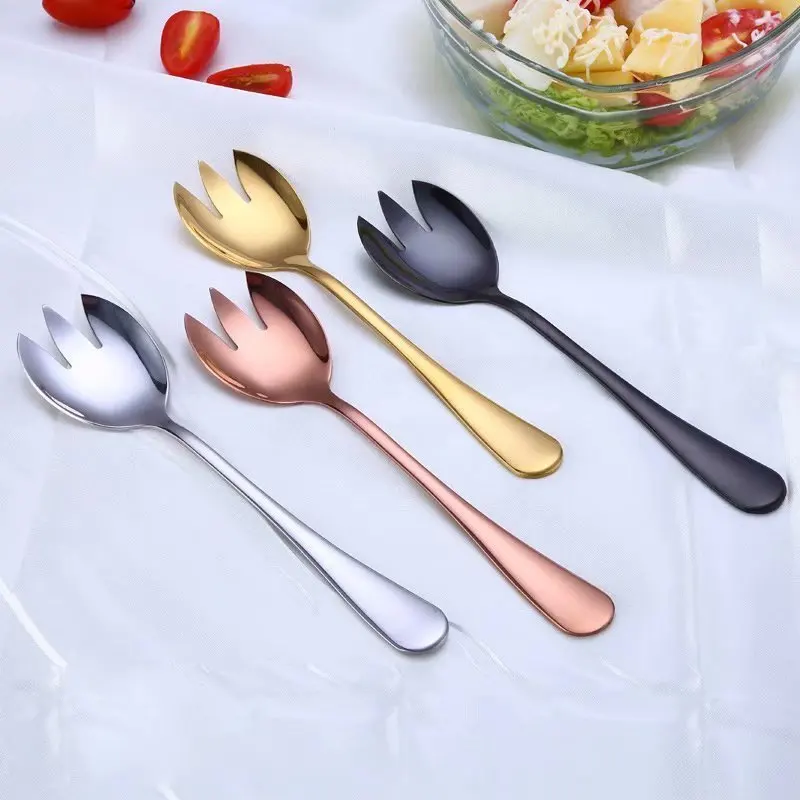 2PCS Golden Salad Spoon Fork Salad Spoon Stainless Steel Cutlery Set Service Spoon Set Colorful Unique Spoon Kitchen Tool