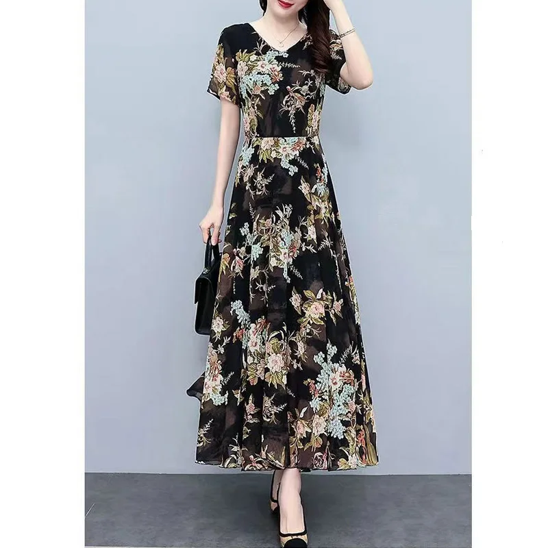 2023 New Summer Fashion Trend Commuting V-neck Exquisite Print Slim Fit Covering Belly Casual Holiday Elegant Long Dress