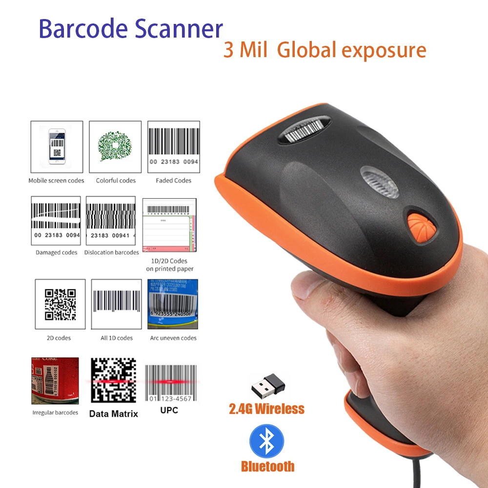 

2D Barcode Scanner Wireless Bluetooth Handheld 1D/2D QR code 3-Mil Data Matrix PDF417 High-accuracy Global exposure Reader