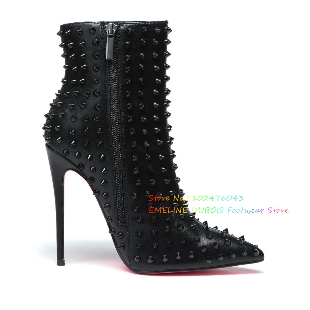 Fashion Rivet Short Boots for Women Sexy Pointy Leather Stiletto Heel Side Zipper Solid Color Ankle Boot Ladies Shoes Black