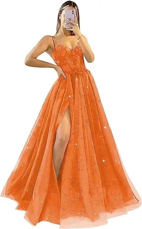 Shiny Tulle Evening Dress 2025 Sexy Black V-Neck StrapLlace Applique Party  Dress A-line High Side Slit Formal Occasion Prom Gown - AliExpress 320