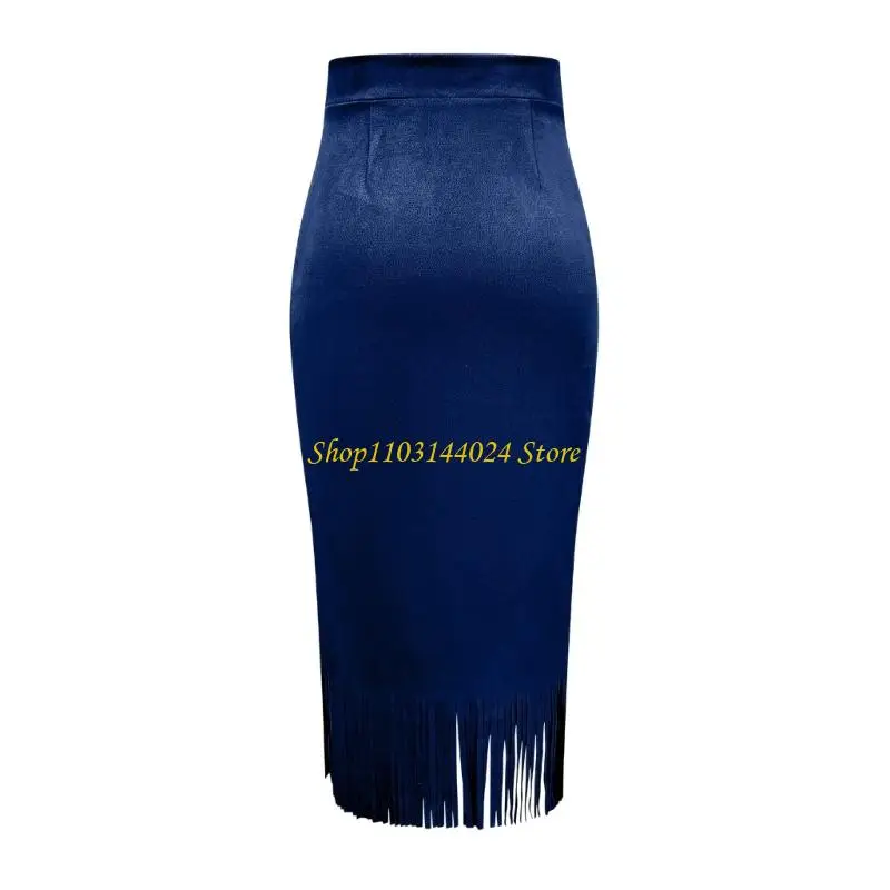 N5KE Graceful Fringe Trim Straight Cut Skirt Belows Knee Length High Waist Comfortable Fit