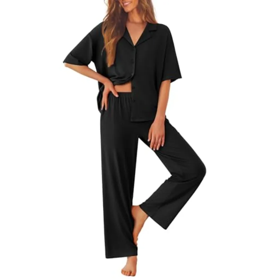 

Ekouaer Women Pajamas Set Button Down Sleepwear Short Sleeve Pjs Soft Comfy Nightwear with Long Pants S-XXL