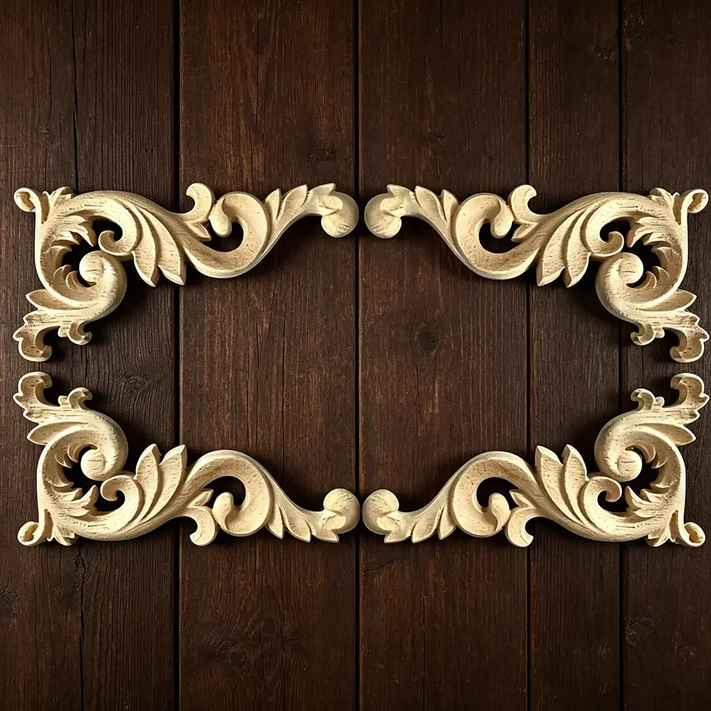 4PCS Chinese Carving Solid Wood Appliques for Furniture Cabinet Unpainted Wooden Mouldings Decal Vintage Home Decor Decorative