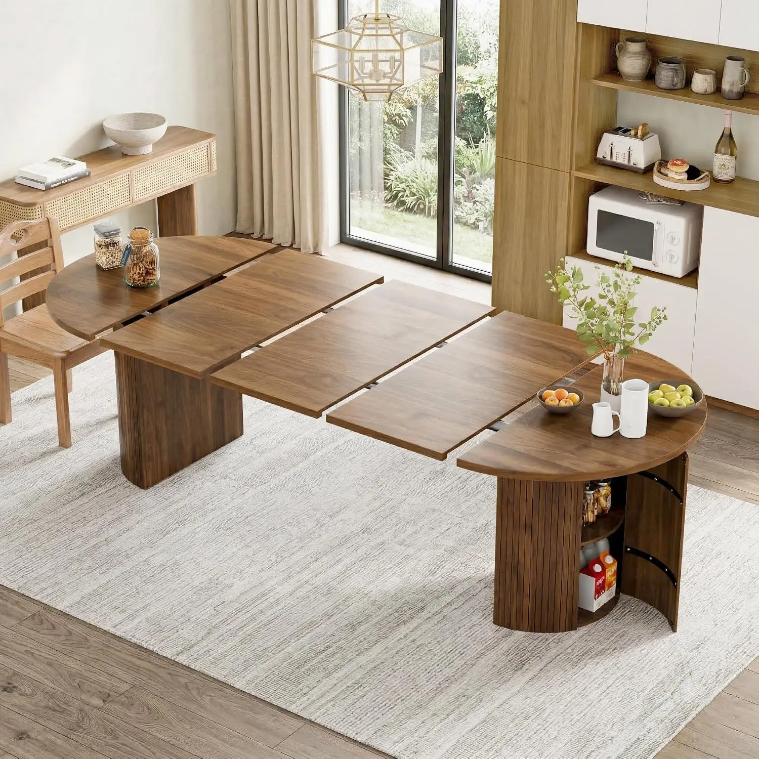 43-95 Inch Oval Extendable Dining Table for 4-10, Fluted Space Saving Long Round Kitchen Table with 3 Leaf, Customized