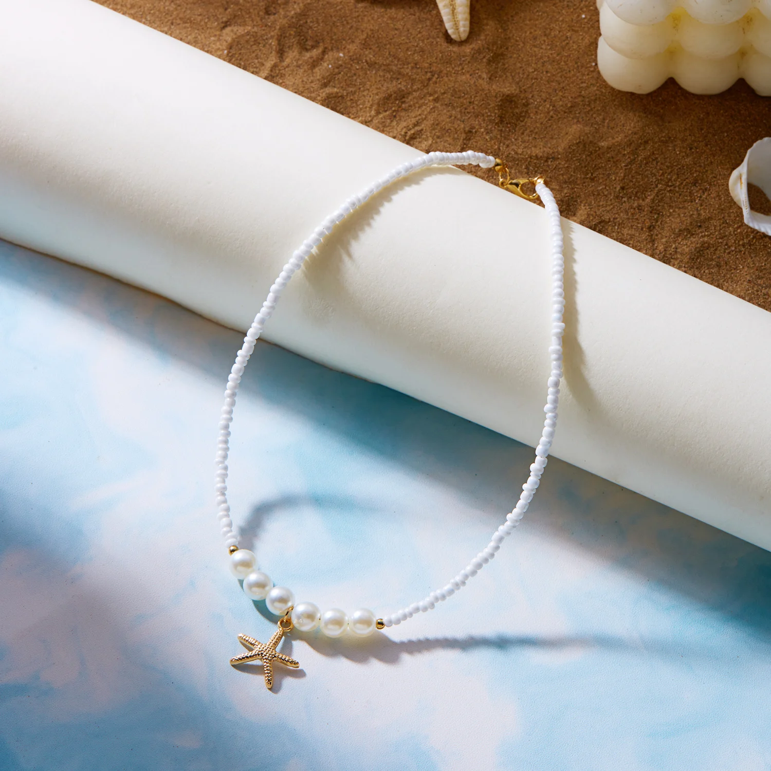 Unregelmäßige bunte Naturstein-Perlen-Halskette für Frauen, handgefertigt, böhmischer Seestern, Schlüsselbeinkette, Strandparty, Charm-Schmuck – Detail 16