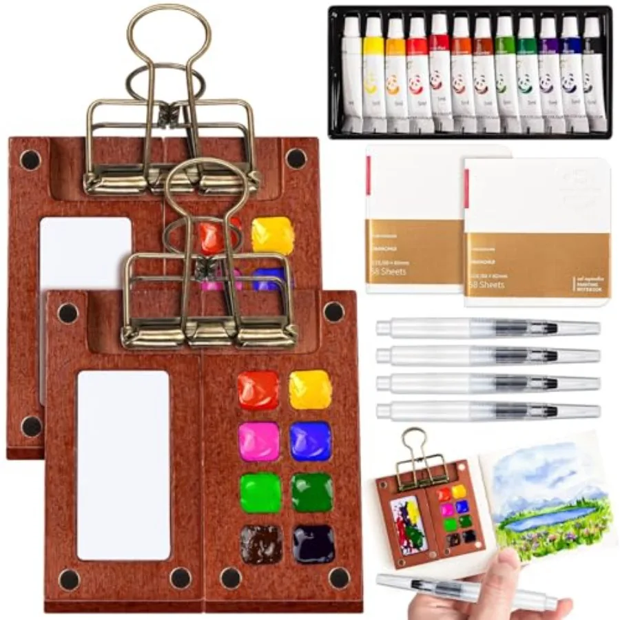 

Mini Watercolor Paint Set, Portable Travel Watercolor Kit with 12 Colors, 2Pcs Wooden Palette, 2 Sketchbook and Metal Clip, 4 B