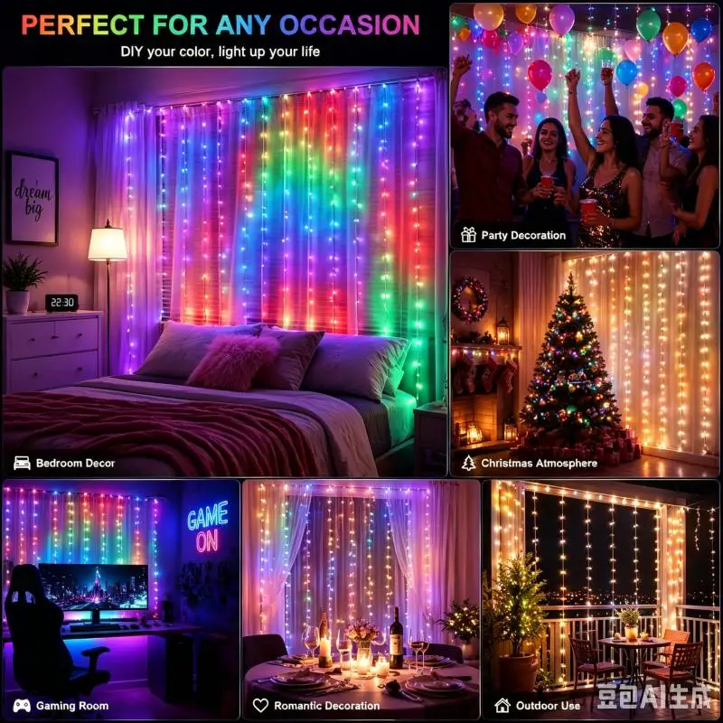 Smart Christmas Curtain Lights, RGB LED String Lights with App Control Music Sync Timer Remote for Window Party Decoration