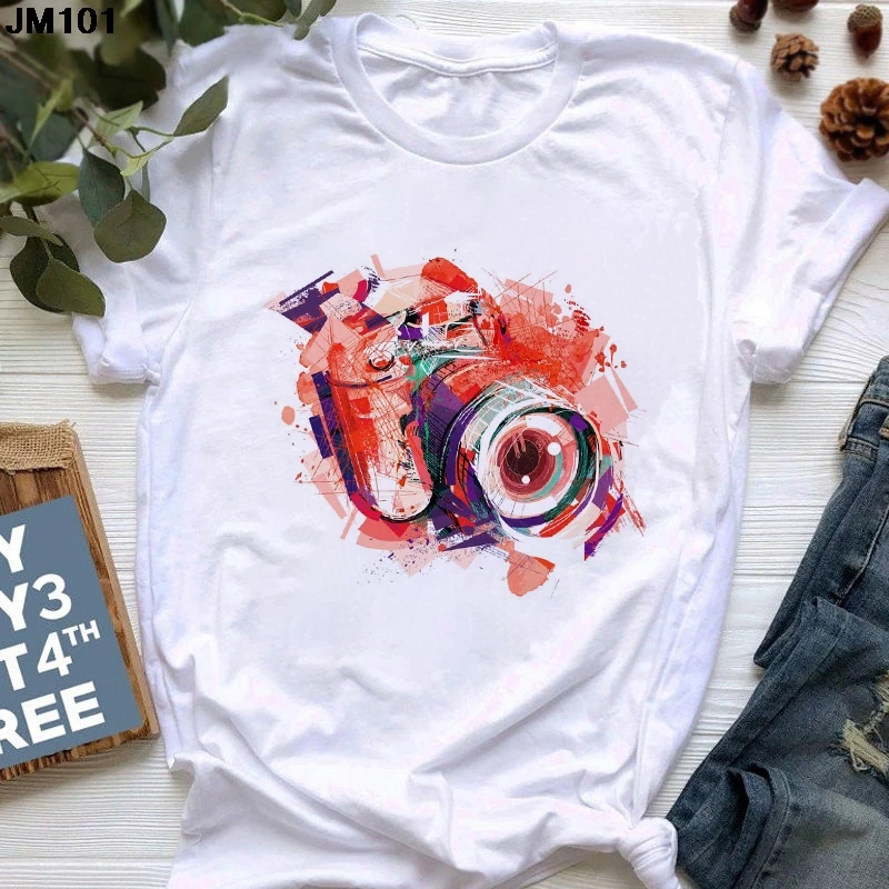 Harajuku Short Sleeve T-Shirt for Women, Cute Camera Printed, Streetwear, Casual White Top, Female Clothing, Fashion