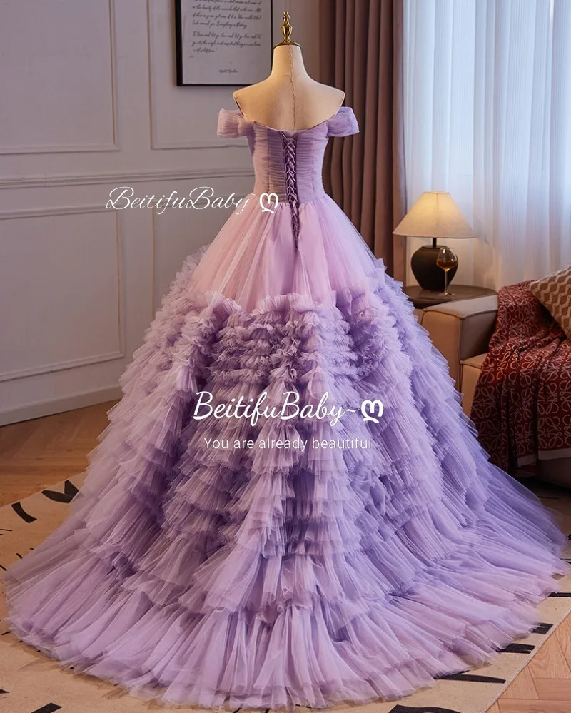 BeitifuBaby Princess Style Women's Evening Dress Off The Shoulder Lace Tiered Pleated Skirts Banquet Ball Gown Formal Dresses