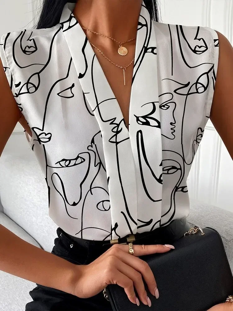 Elegant Youthful Women's Shirts Spring Summer Sleeveless Print Blouse Fashion Casual V-neck Blusa Mujer Tendencia 2024 New Tops