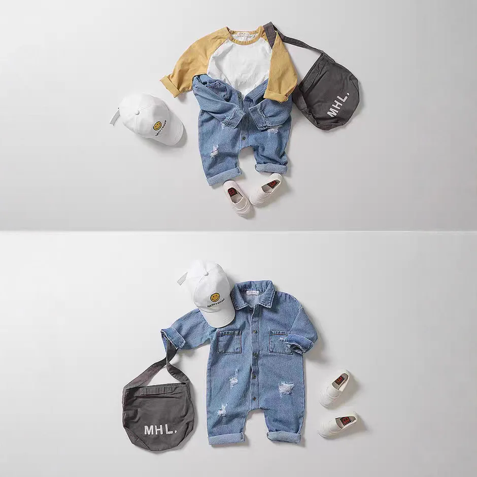 2025 Autunno Nuovo Bambino Manica Lunga Denim Pagliaccetto Infantile Della Ragazza del Ragazzo di Modo Jeans Strappati Bambino Casual Tuta Vestiti Appena Nati 0-24M