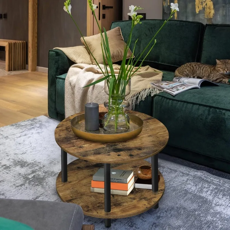 Small Round Coffee Table for Small Space, 23.5" 2-Tier Rustic Brown Wooden Coffee Table with Open Storage for Living