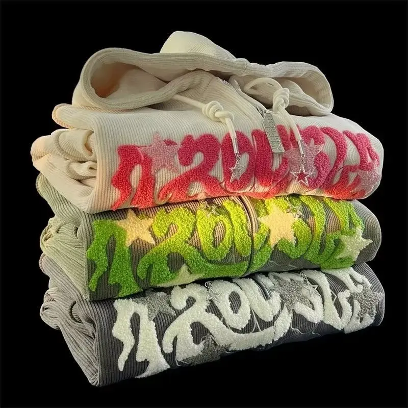 الأمريكية الرجعية التطريز هوديس المرأة الخريف الشتاء زمم بلوزات الشارع الشهير الرباط رسالة مقنعين القمصان السترات