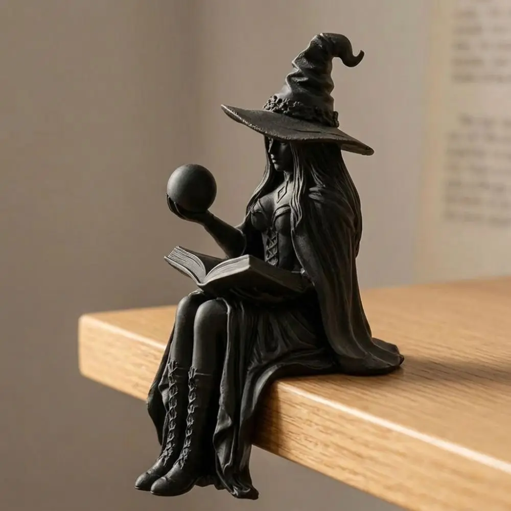 3D Printed Sitting Witch Figurine Vintage Gothic with Book Ball Halloween Witch Shelf Sitter Female Spooky
