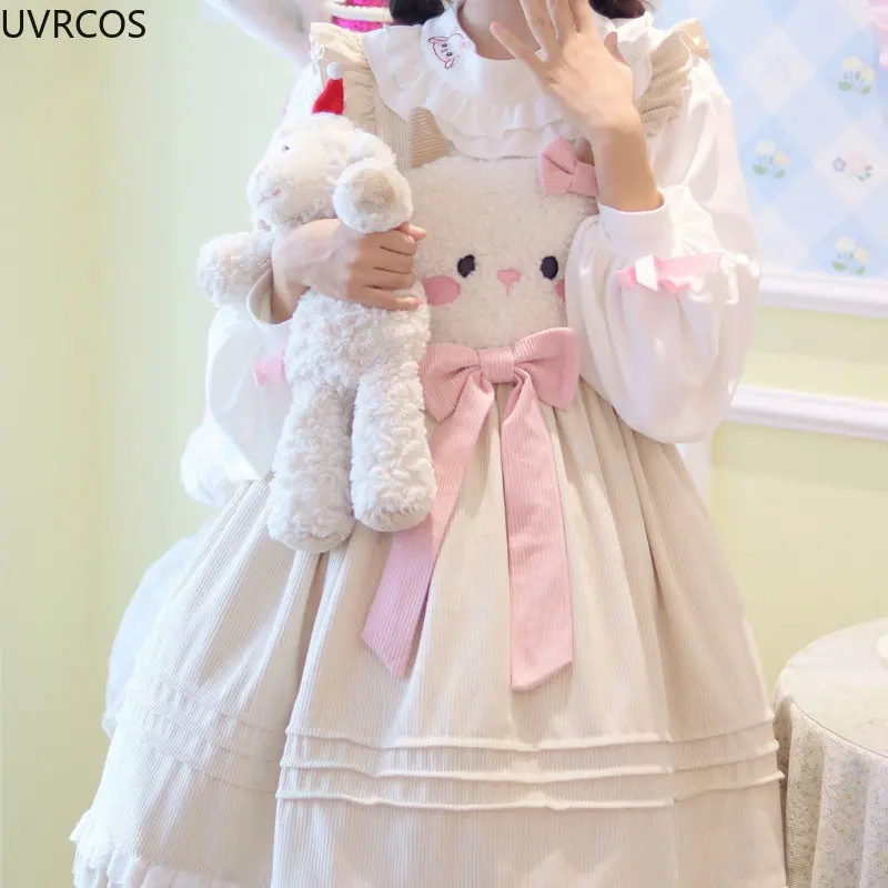 Vestido japonés de pana Lolita Jsk para mujer, vestidos de fiesta con lazo de oveja bordado de oso Panda, Kawii, Otoño e Invierno