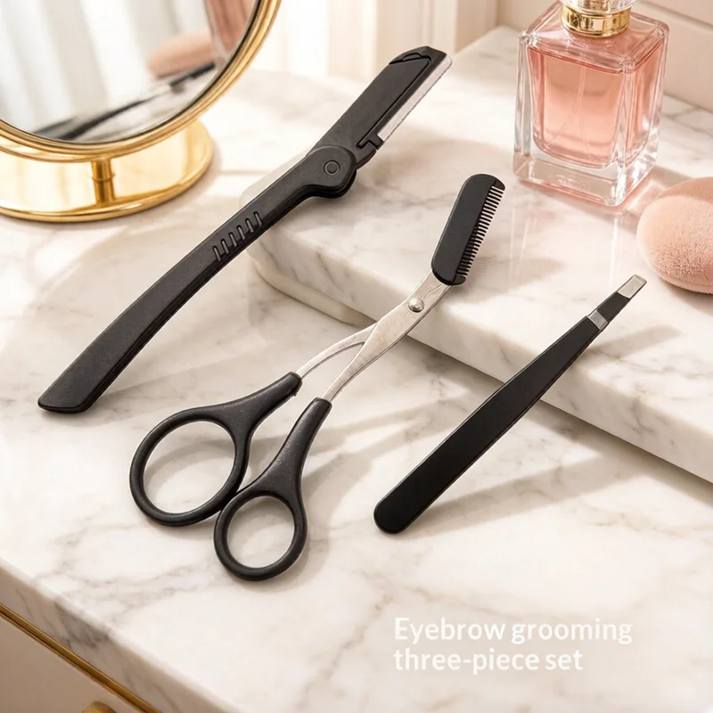 Unisex Eyebrow Trimming Tool Set, 3Pcs Stainless Steel Kit, Eyebrow Scissor Comb Trimmer, Daily Grooming Makeup Accessory