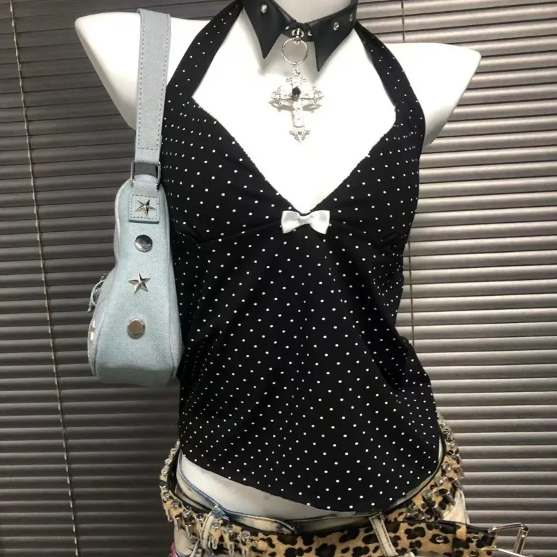 

Women's Kawaii Clothing Polka Dot Print Tank Chic Top Subculture Bow Sleeveless Halter Vest Korean Black Retro Slimming Camisole