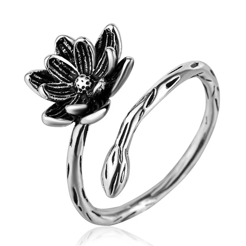 925 Sterling Silver Vintage Lotus Flower Ring for Women Boho Jewelry Gift Wedding Party Jewelry Gifts