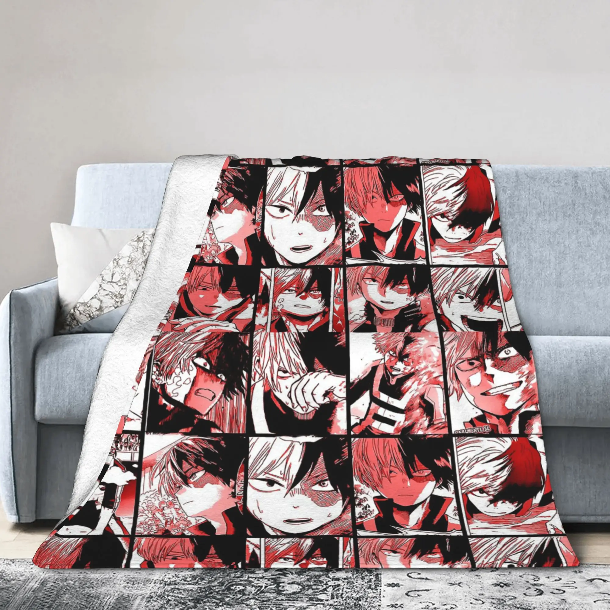 Todoroki Shoto Collage Knitted Blankets Boku No MHA Anime Wool Throw Blankets Bed Sofa Personalised Soft Warm Bedspreads,