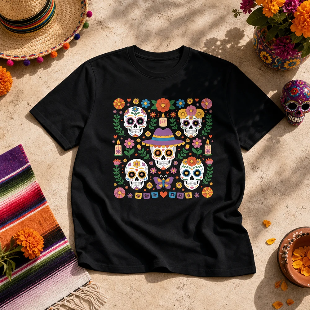 Unisex Breathable Sugar Skull Graphic Tee O-Neck Short Sleeve Parent-Child Mexican Day of the Dead Fiesta Multi Color Summer Top