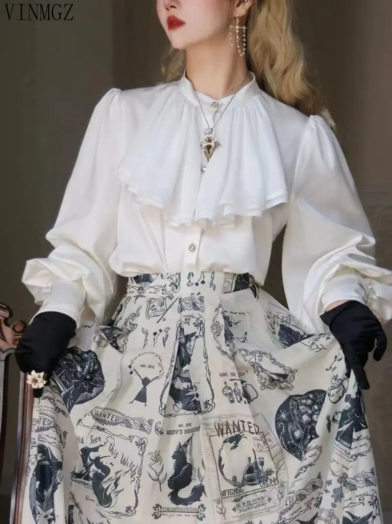 French multi-layer scarf satin leg of lamb sleeve shirt autumn and winter elegant original witch bounty Lolita shirt