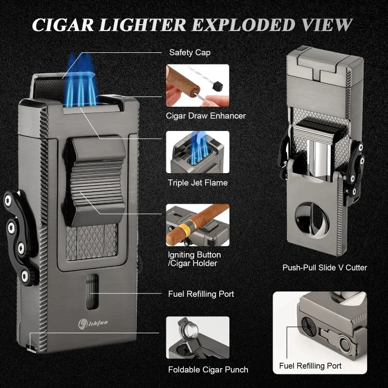 Luxury Cigar Turbo Lighter Torch Jet Windproof Butane Gas Lighter V Cutter Cigar Accessories Cigar Holder Cigar Punch Men\'s Gift