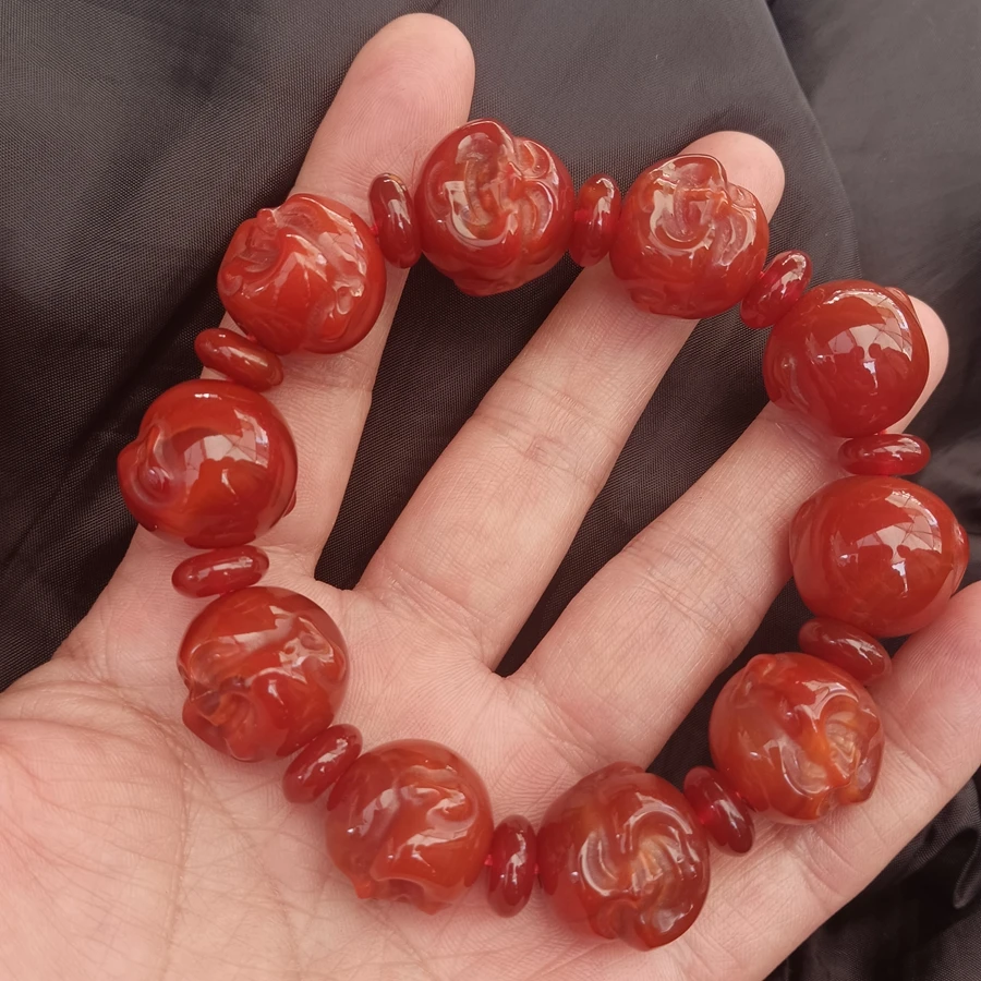 Handwork Carven Red Jade Mascot Rosary Bangle Buddha Head Bead Amulet Bracelets Bless Hanging Talisman