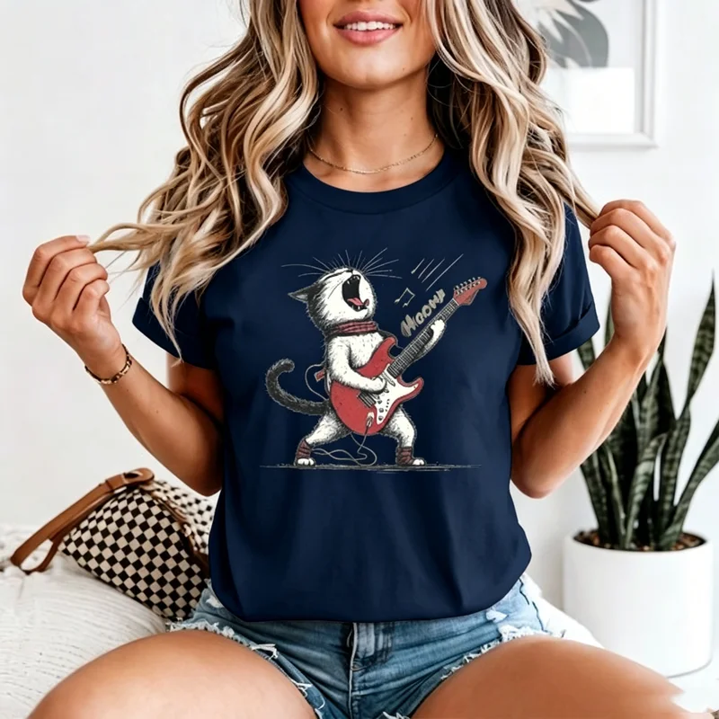 Rock Cat Playing Electric Guitar Graphic T Shirt Funny Musician Animal Print Unisex Soft Cotton Crew Neck Short Sleeve Trendy