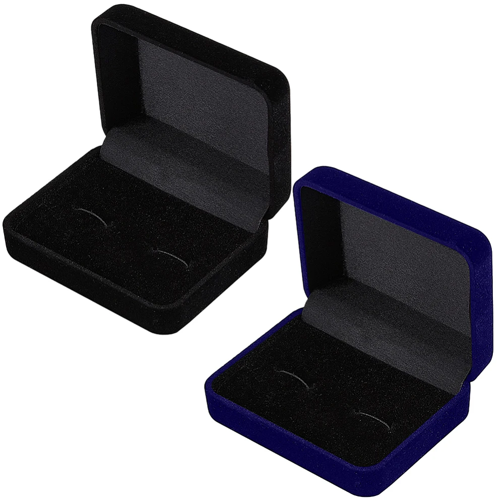 2Pcs 2Style Plant Velvet Cufflinks Boxes 3x2.4x1.2 Inch Small Black Blue Rectangle Cuff Links Jewelry Gift Boxes Storage Case
