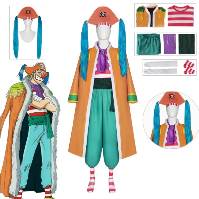 

Chop Chop Fruit Captain Buggy Cosplay Costume Halloween Full Set Red Jacket Clown Hat with Pom Poms for Men