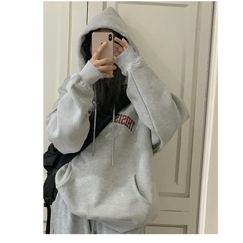 Womens Clothing Vintage Street Sweatshirt Y2K Letter Pullover Hoodie Long Sleeves Casual Warm Oversize Baggy Ladies Tops Autumn