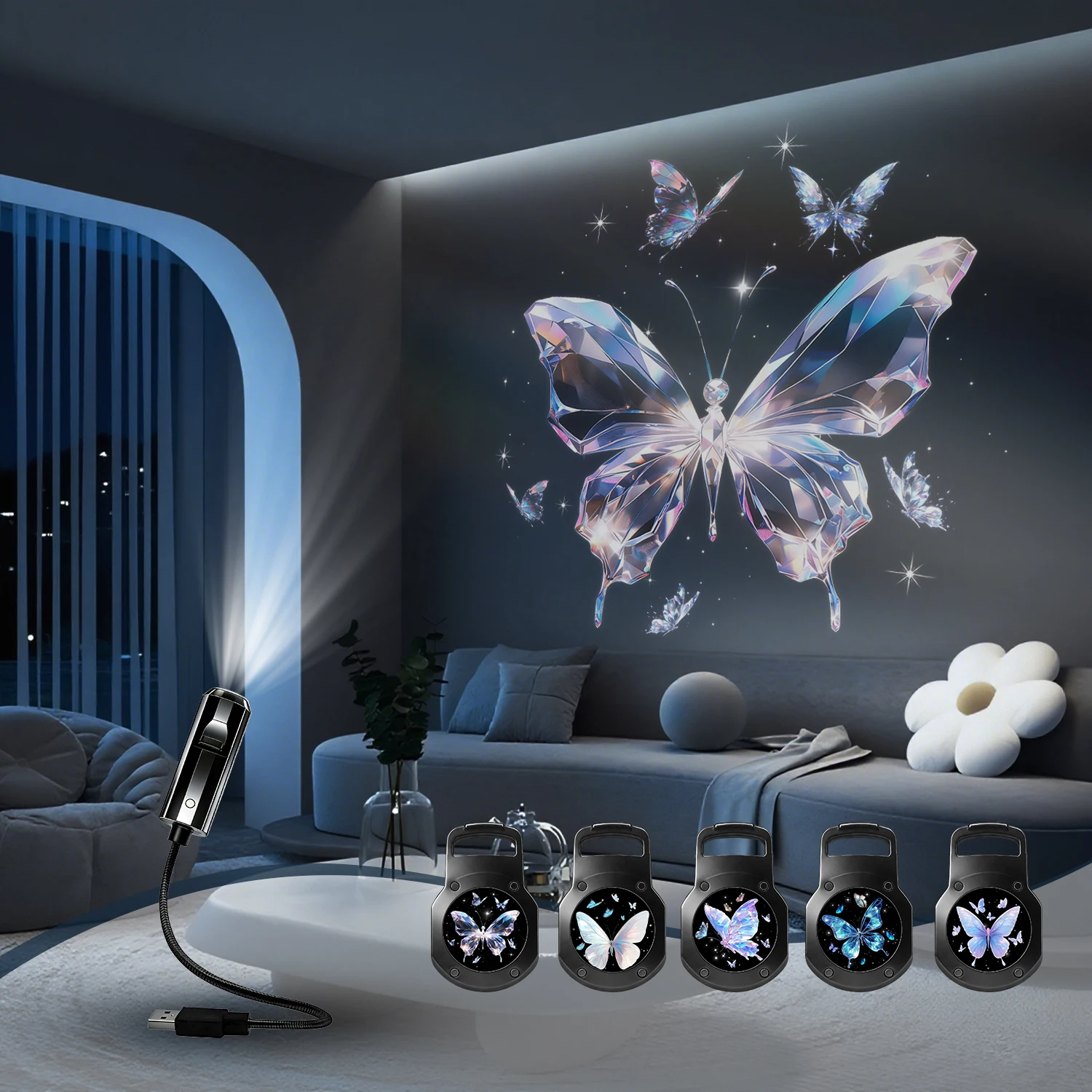 

Пять ярких проекционных светильников в виде бабочек, 360° ° Вращающиеся и регулируемые элементы создают захватывающую атмосферу бабочек на вашей стене.