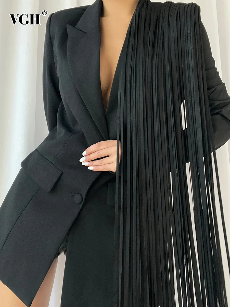 VGH Casual Solid Patchwork Tassel Blazers For Women Notched Collar Long Sleeve Spliced Single Breasted Minimalist Blazer Female