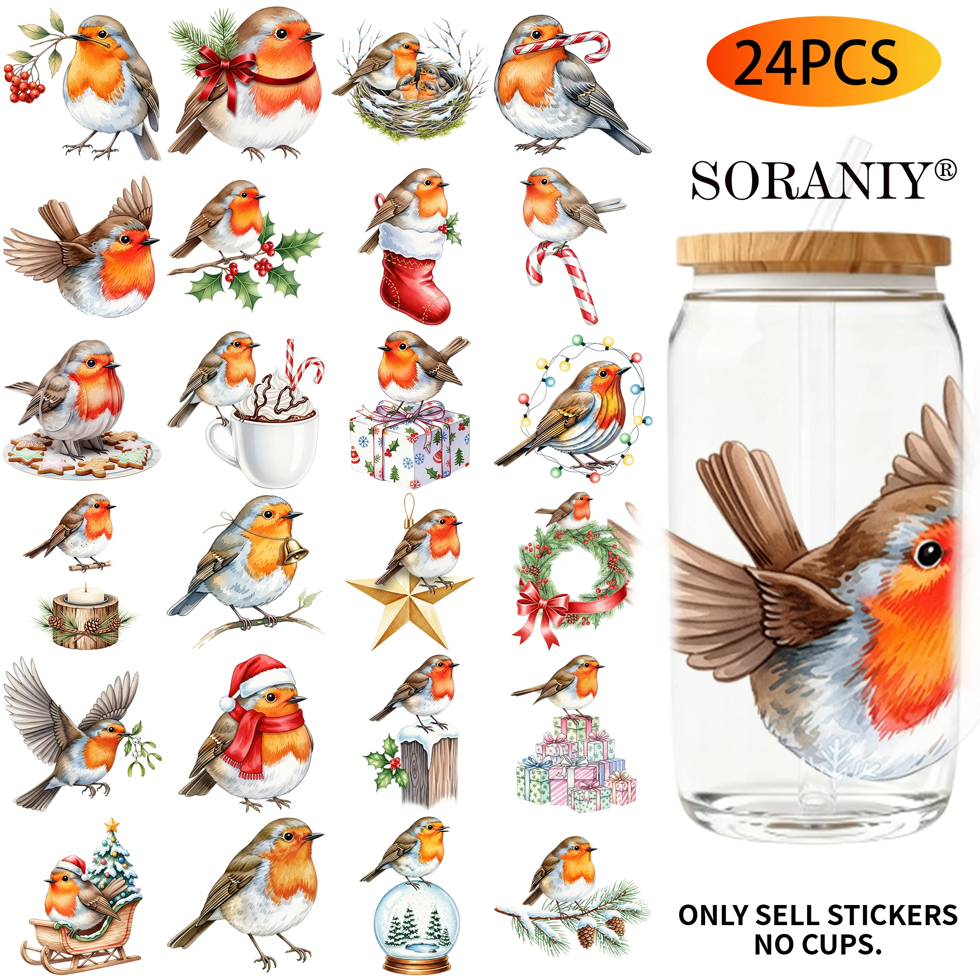 Uv Dtf Transfer Sticker - 24 Pieces/Set Christmas Robin Theme Uv Dtf 16 Oz Diy Transfer Sticker For 16 Ounce Water Bottle Glass
