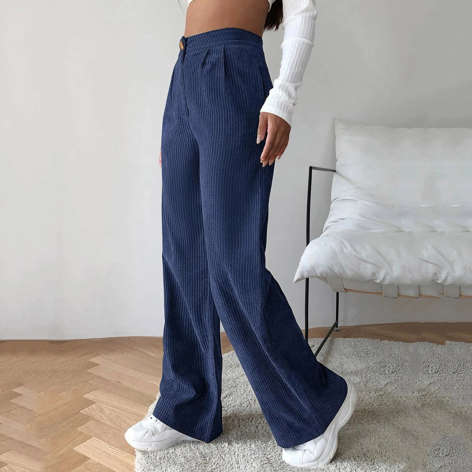 High Waist Cord Wide Leg Pants Fashion All Match Straight Trousers Women Plus Size Corduroy Pants Comfortable Spring Pants