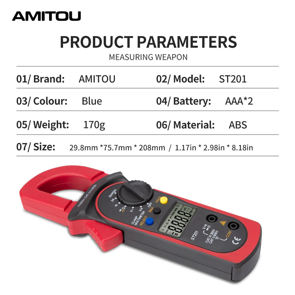 AMITOU ST201 Digital Professional Clamp Meter 1999 Counts AC/DC Voltmeter Ammeter  Electrician Clamp Diode Ohm Multi Tester