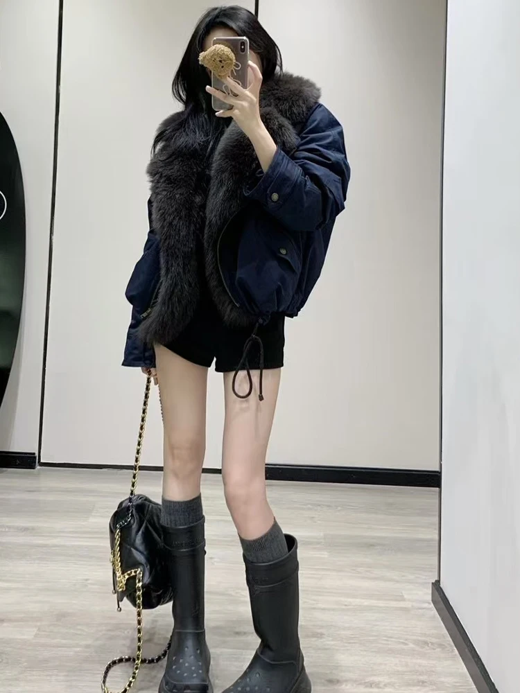 新しい冬暖かいグースダウンパーカーコート天然リアルキツネの毛皮の襟ジャケットフグジャケット女性厚い女性生き抜く