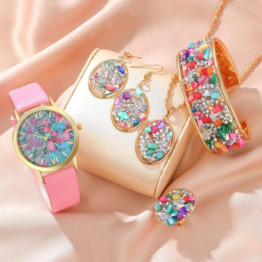 6PCS Set Luxury Watch Women Ring Necklace Earrings Bracelet Rhinestone Fashion Wristwatch Female Casual Ladies Watches Set