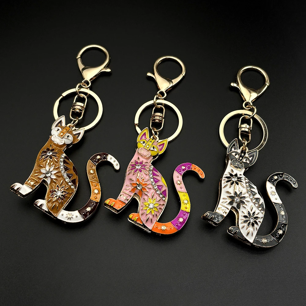 Ethnic Enamel Siamese Cat Keyring Women Men Fashion Bag Charm Flower Bohemia Mexican Day Of The Dead Keychain Jewelry Gifts
