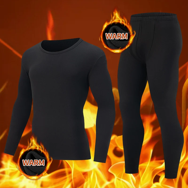 2-piece Men's Autumn/Winter Black Fashionable Versatile Warm Base Set Youth Round Neck Long Sleeved T-shirt Elastic Waisted Pant