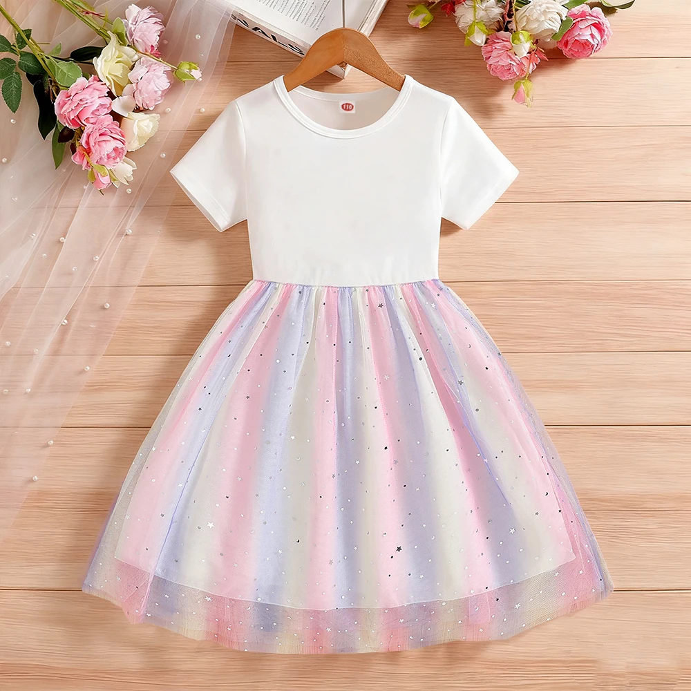 Children Summer New Short Sleeves Princess Dress Kids Clothes For Cute Dress Baby Girls Birthday Party Rainbow Clothing 2-8T