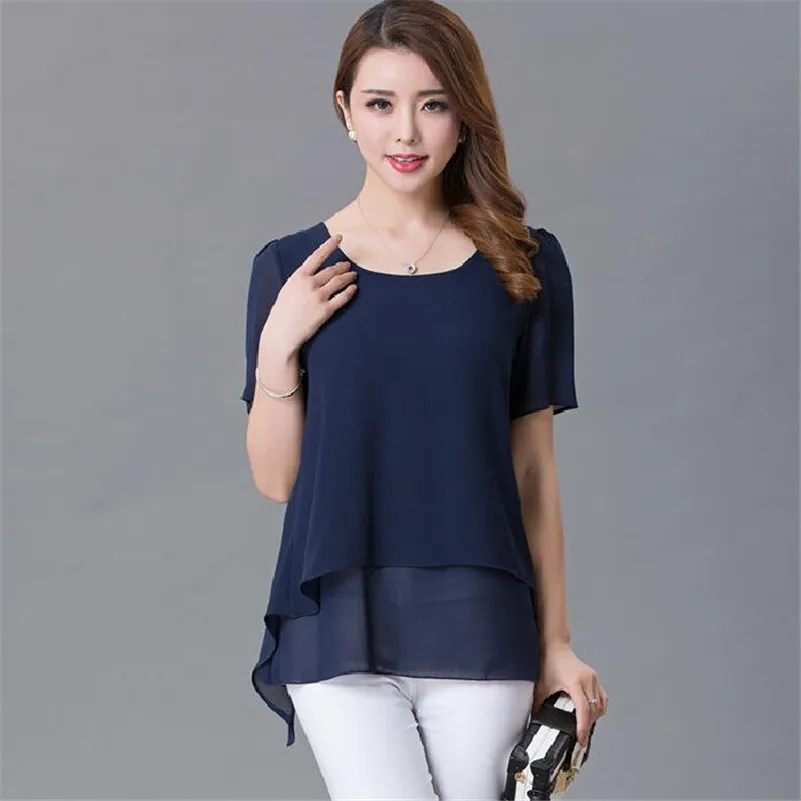 Short Sleeve Chiffon Women Shirts 2024 Summer Office Work Tops Elegant Lady Shirt Solid O-Neck Women Blouses   -