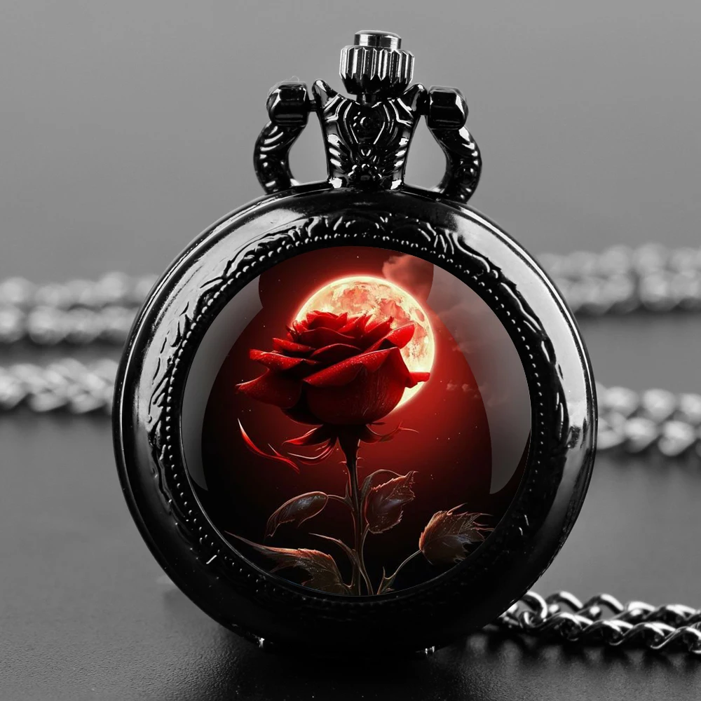 Red Rose Design Glass Dome Quartz Pocket Watch With Durable Chain Arabic Numeral Dial For Men And Women Creative Gifts