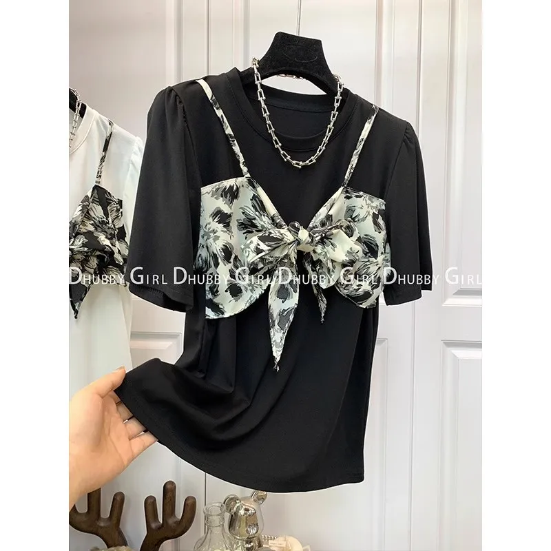 Y2K Casual Printed Bow And Cute Party High Quality T-Shirts Girls Tshirts Short Folds Tops For Women