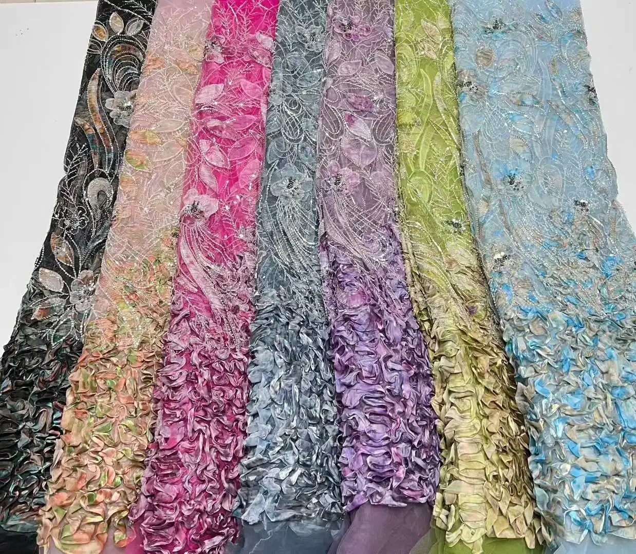 5 Yard Kain Bordir 3D Elegan Nigeria Afrika Berkualitas Tinggi Kain Renda Tulle Perancis dengan Payet untuk Pesta Pernikahan C1631