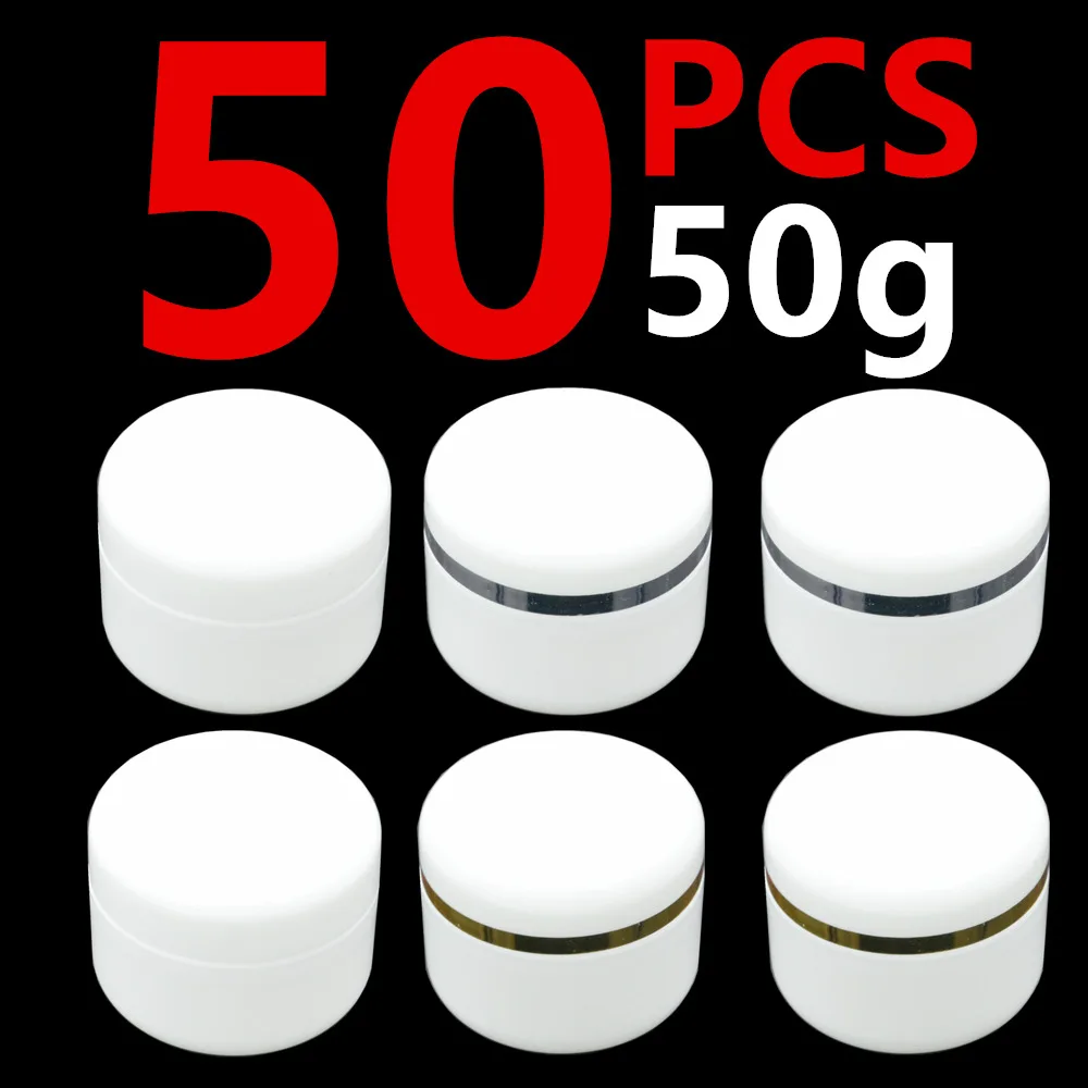 50Pcs 50g 50ml White Plastic Cosmetic Cream Jar With Transparent Inner Pull Lid Filling Travel Bottle Empty Small Capacity