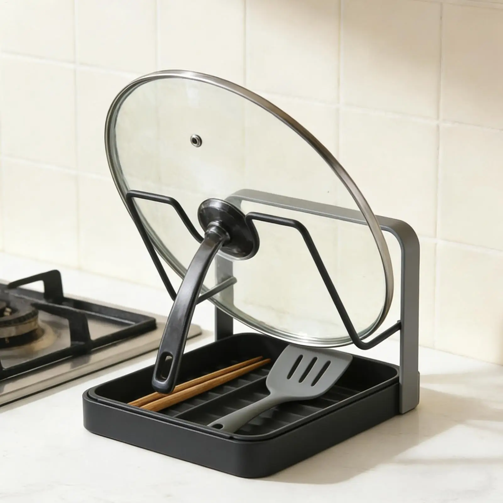 Pot Lid Organizer Anti-Slip Kitchen Storage Stand Kitchen Lid Rack for Pot Pan for Ladle Spatula Spoon Plate Dish Cabinet view 5