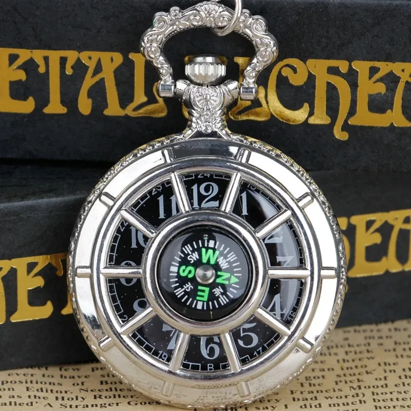 Exquisite Compass Design Vintage Hollow Skeleton Pocket Watch Black Starry Round Dial Antique Pendant Clock Gifts for Women Men