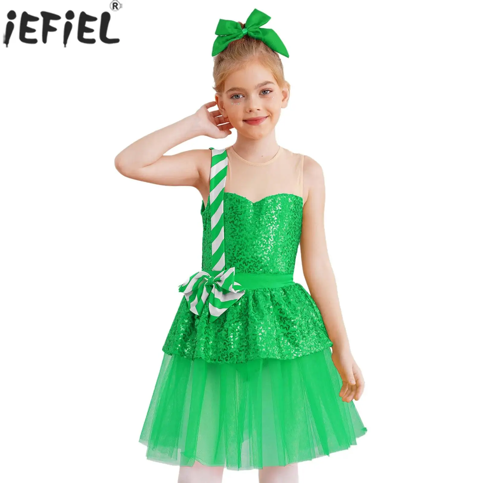 

Girls Christmas Party Tutu Dress Ballet Gymnastics Skating Modern Lyrical Dance Costume Sequin Candy Cane Leotard Dancewear